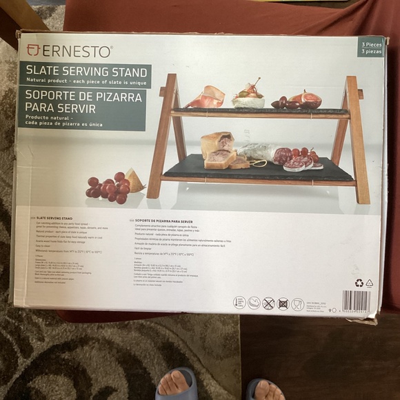 Ernesto 3 pc Slate Serving Stand 2 Tier Slate Acacia Wood Frame New - Picture 2 of 11